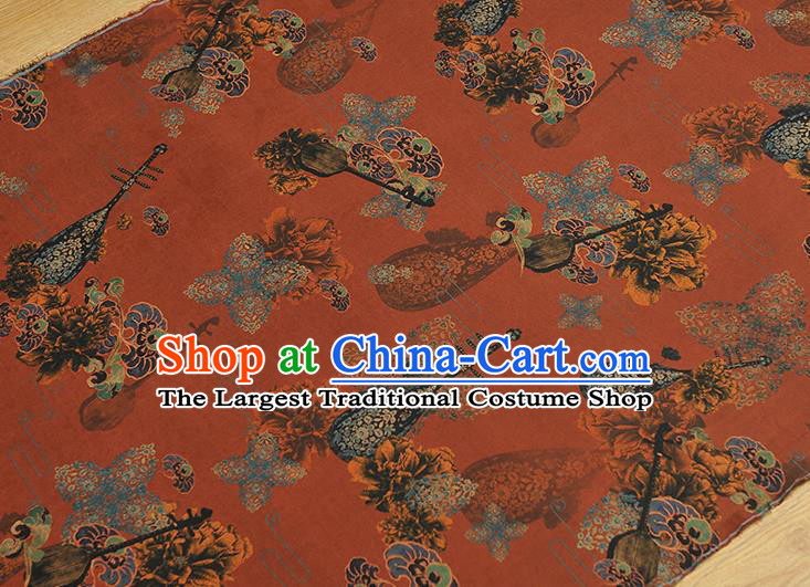 Chinese Traditional Pipa Lute Pattern Dress Fabric Cheongsam Silk Cloth Dark Red Gambiered Guangdong Gauze