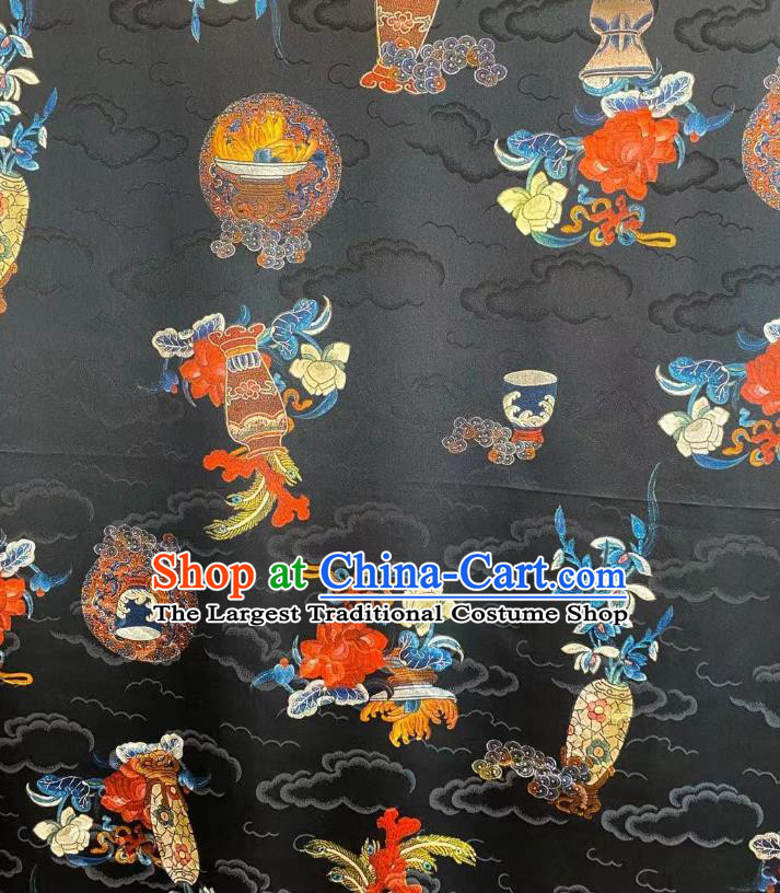 Chinese Traditional Qipao Dress Drapery Black Silk Fabric Classical Clouds Pattern Brocade Qing Dynasty Tapestry Cloth