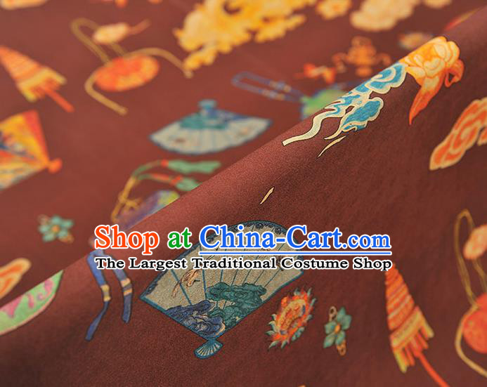 Chinese Traditional Folding Fan Pattern Dress Fabric Cheongsam Dark Red Silk Cloth Gambiered Guangdong Gauze