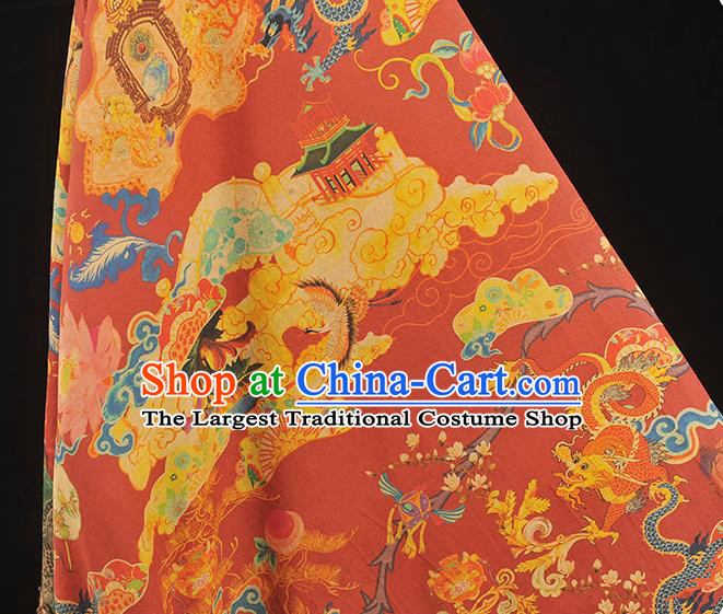 Chinese Traditional Dragon Lotus Pattern Dress Fabric Cheongsam Silk Cloth Red Gambiered Guangdong Gauze