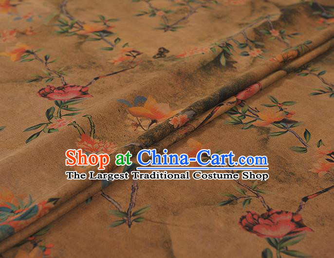 Chinese Khaki Gambiered Guangdong Gauze Traditional Flowers Pattern Dress Fabric Cheongsam Silk Cloth