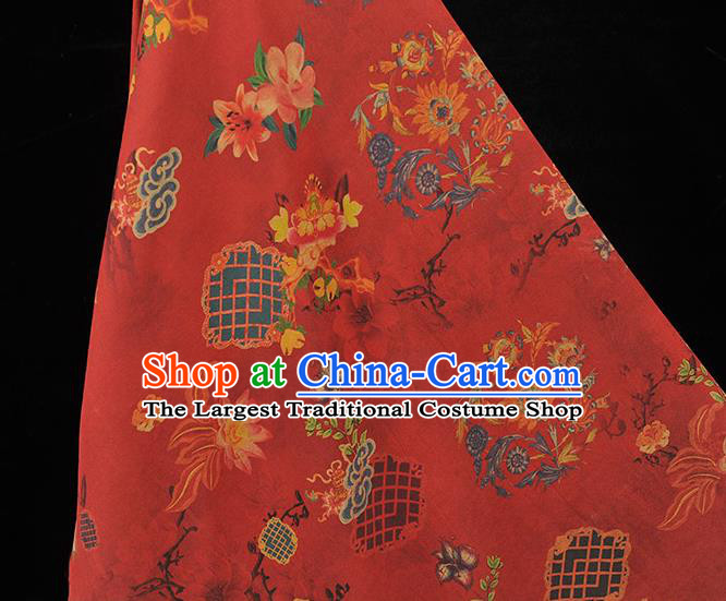 Chinese Traditional Lotus Flowers Pattern Dress Fabric Cheongsam Silk Cloth Red Gambiered Guangdong Gauze
