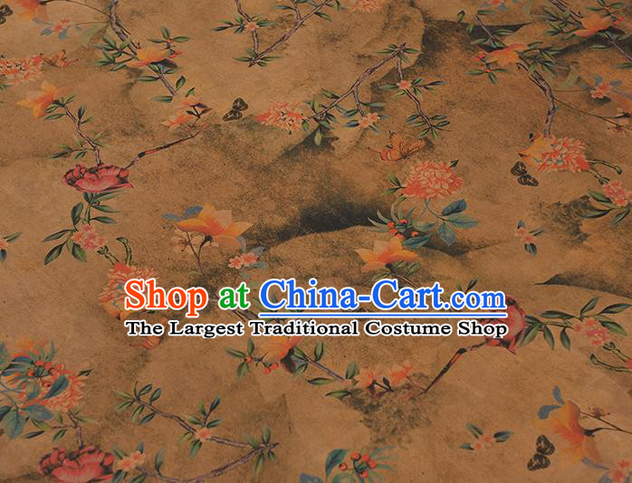 Chinese Khaki Gambiered Guangdong Gauze Traditional Flowers Pattern Dress Fabric Cheongsam Silk Cloth
