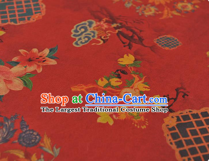 Chinese Traditional Lotus Flowers Pattern Dress Fabric Cheongsam Silk Cloth Red Gambiered Guangdong Gauze
