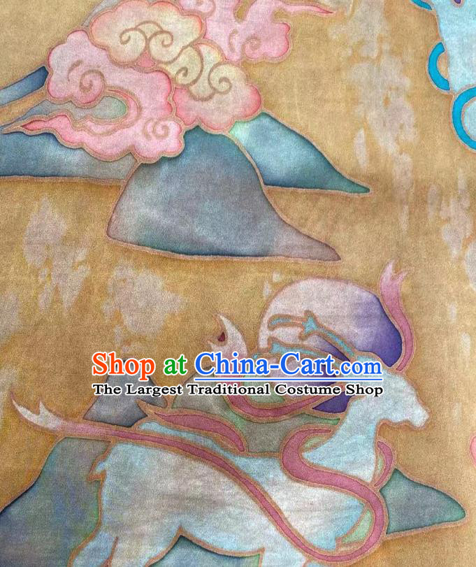 Chinese Yellow Silk Fabric Classical Brocade Cloth Han Painting Nine Color Deer Gambiered Guangdong Gauze Traditional Cheongsam Drapery