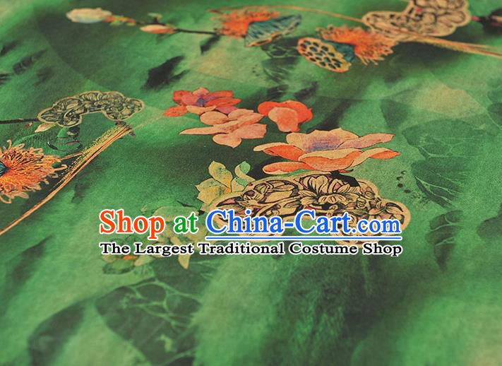 Chinese Traditional Lotus Seedpod Pattern Dress Fabric Cheongsam Silk Cloth Green Gambiered Guangdong Gauze