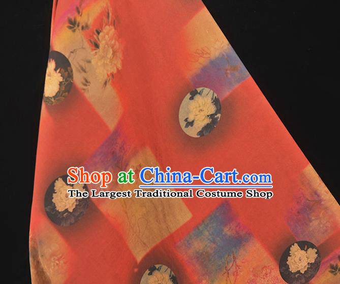 Chinese Cheongsam Silk Cloth High Quality Red Gambiered Guangdong Gauze Traditional Peony Pattern Dress Fabric