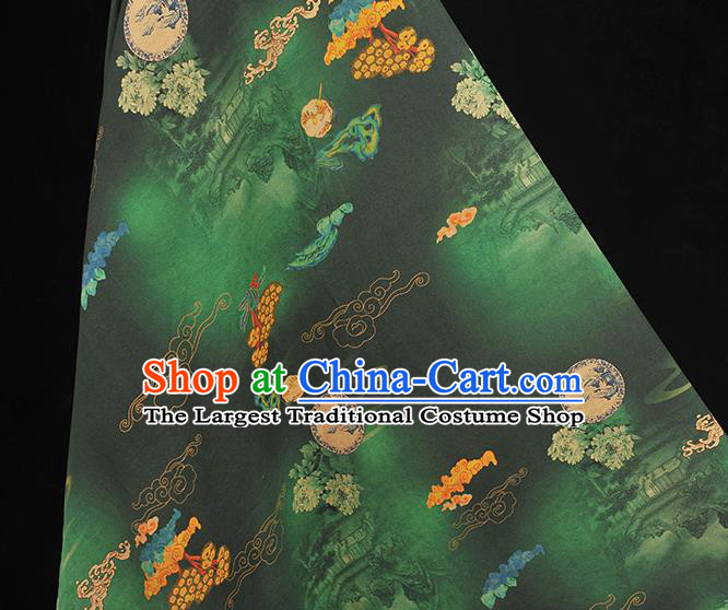 Chinese High Quality Green Gambiered Guangdong Gauze Traditional Peony Pattern Dress Fabric Cheongsam Silk Cloth