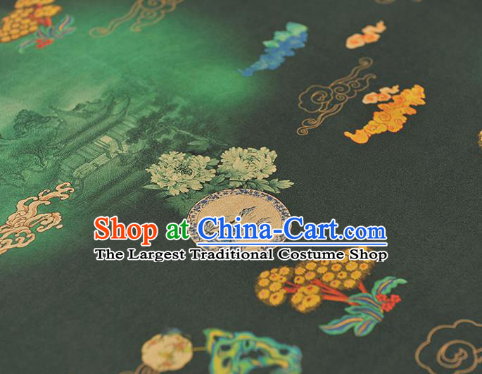 Chinese High Quality Green Gambiered Guangdong Gauze Traditional Peony Pattern Dress Fabric Cheongsam Silk Cloth