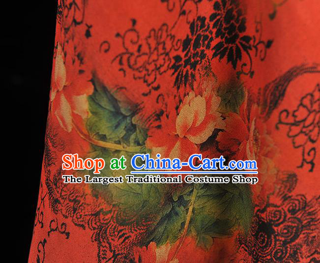 Chinese Red Gambiered Guangdong Gauze Traditional Peony Flowers Pattern Dress Fabric Cheongsam Silk Cloth