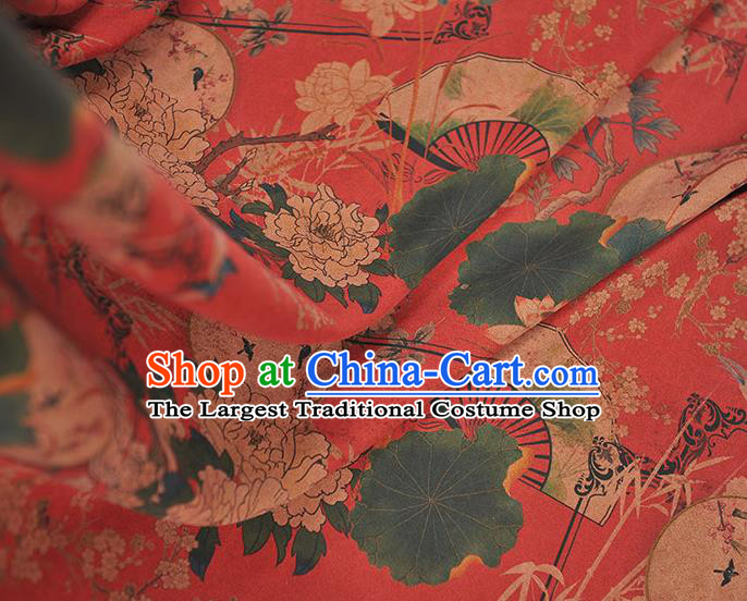 Chinese Traditional Peony Fan Pattern Dress Fabric Cheongsam Silk Cloth Top Quality Red Gambiered Guangdong Gauze