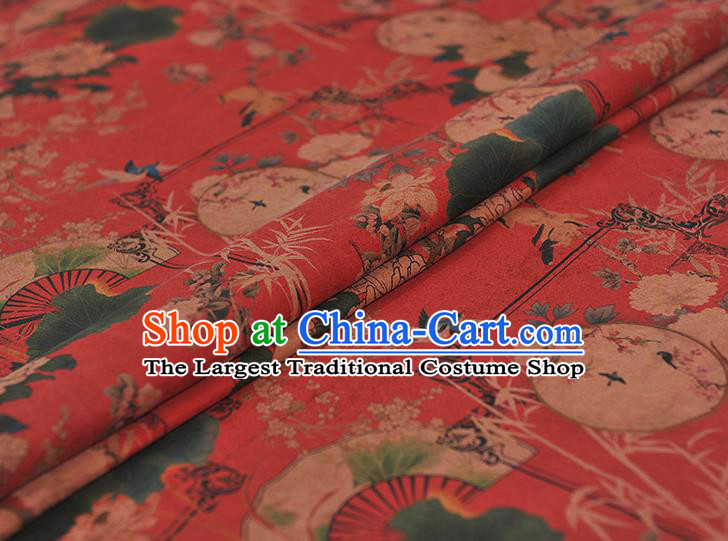 Chinese Traditional Peony Fan Pattern Dress Fabric Cheongsam Silk Cloth Top Quality Red Gambiered Guangdong Gauze