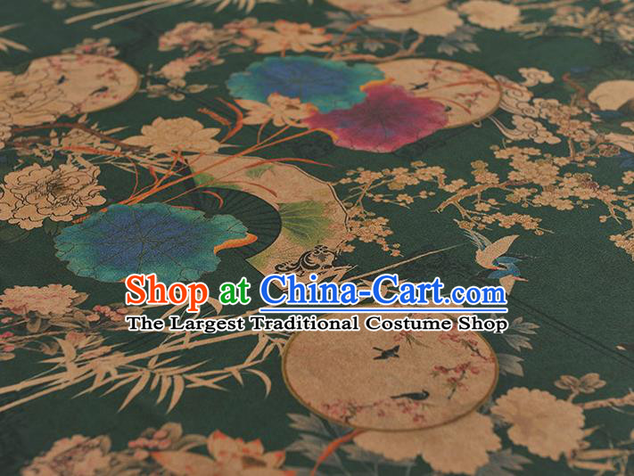 Chinese Top Green Gambiered Guangdong Gauze Traditional Peony Fan Pattern Dress Fabric Cheongsam Silk Cloth