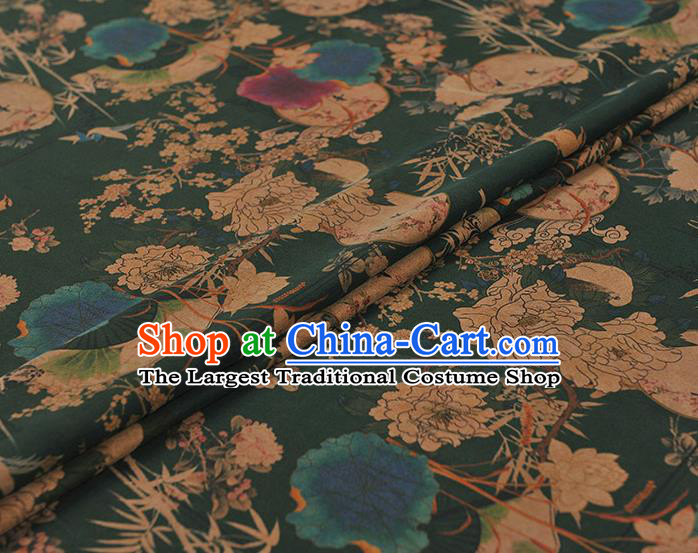 Chinese Top Green Gambiered Guangdong Gauze Traditional Peony Fan Pattern Dress Fabric Cheongsam Silk Cloth