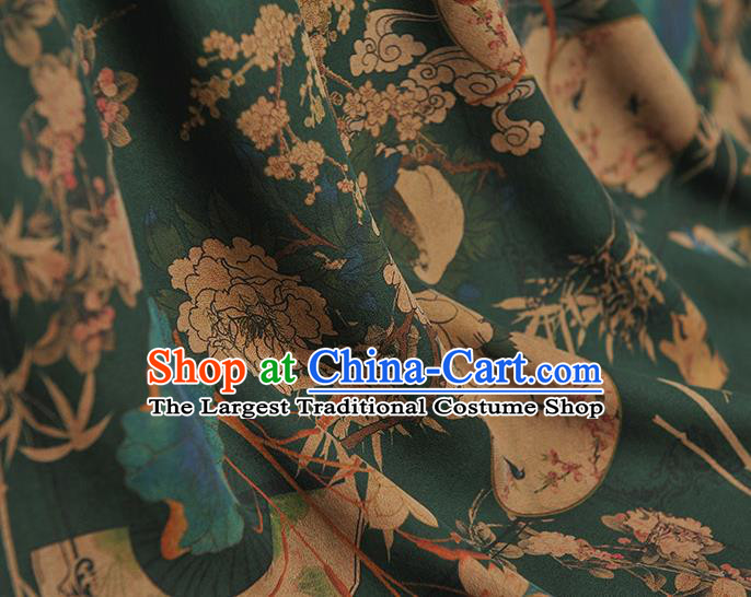 Chinese Top Green Gambiered Guangdong Gauze Traditional Peony Fan Pattern Dress Fabric Cheongsam Silk Cloth