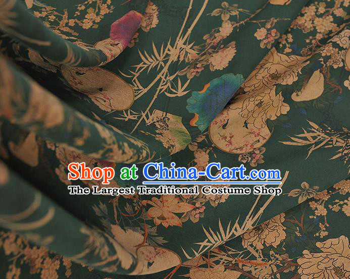 Chinese Top Green Gambiered Guangdong Gauze Traditional Peony Fan Pattern Dress Fabric Cheongsam Silk Cloth