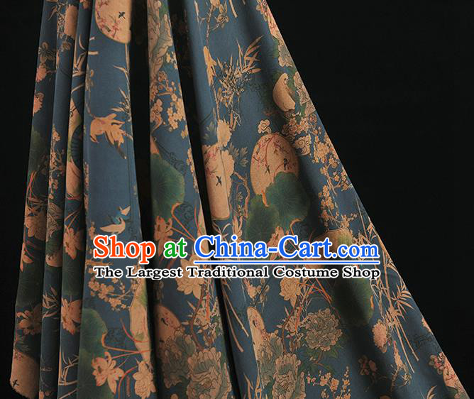 Chinese Cheongsam Silk Cloth Top Blue Gambiered Guangdong Gauze Traditional Peony Fan Pattern Dress Fabric