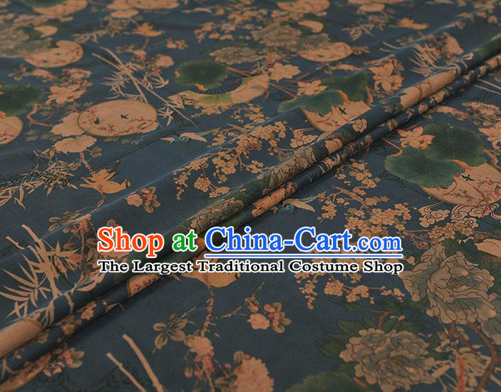 Chinese Cheongsam Silk Cloth Top Blue Gambiered Guangdong Gauze Traditional Peony Fan Pattern Dress Fabric