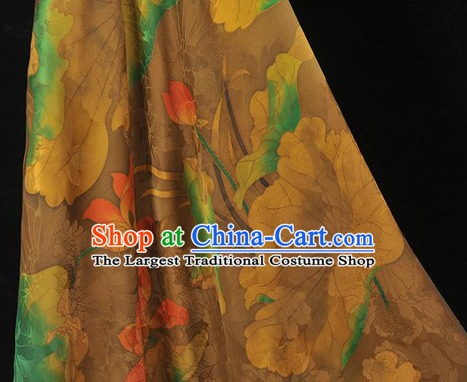 Top Chinese Traditional Jacquard Khaki Satin Cloth Cheongsam Silk Fabric Classical Lotus Pattern Gambiered Guangdong Gauze