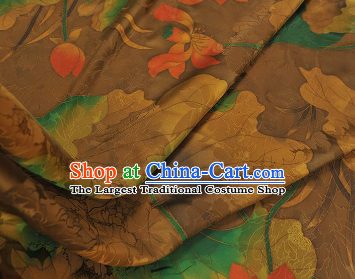 Top Chinese Traditional Jacquard Khaki Satin Cloth Cheongsam Silk Fabric Classical Lotus Pattern Gambiered Guangdong Gauze
