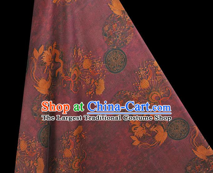 Top Chinese Classical Dragon Phoenix Pattern Gambiered Guangdong Gauze Traditional Jacquard Satin Cloth Cheongsam Purple Silk Fabric