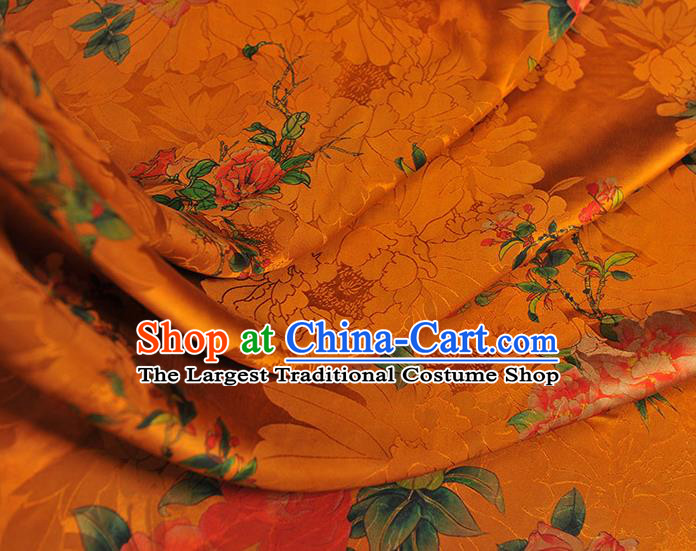 Top Chinese Cheongsam Golden Silk Fabric Classical Peony Pattern Gambiered Guangdong Gauze Traditional Jacquard Satin Cloth