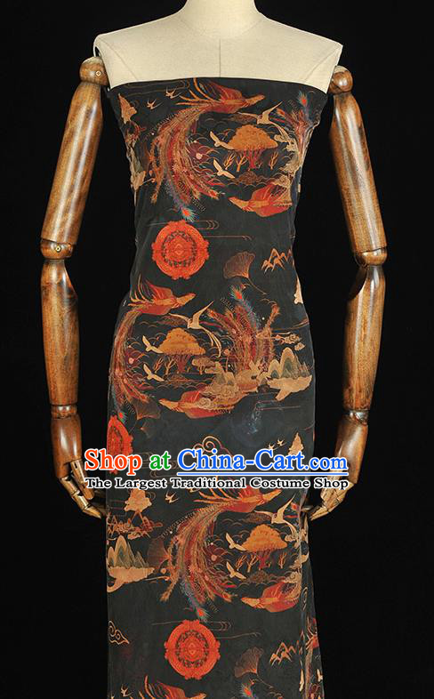 Top Chinese Classical Phoenix Pattern Gambiered Guangdong Gauze Traditional Jacquard Satin Cloth Cheongsam Black Silk Fabric