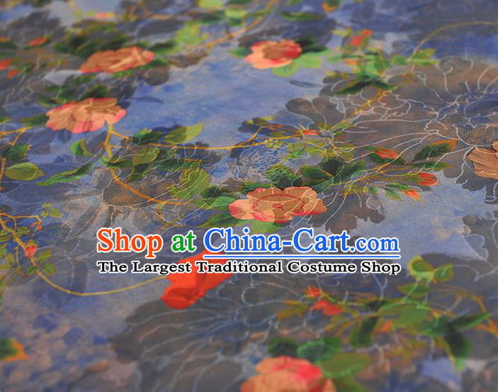Top Chinese Traditional Jacquard Satin Cloth Cheongsam Silk Fabric Classical Peony Pattern Blue Gambiered Guangdong Gauze