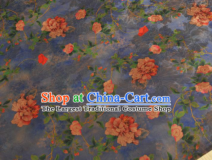 Top Chinese Traditional Jacquard Satin Cloth Cheongsam Silk Fabric Classical Peony Pattern Blue Gambiered Guangdong Gauze