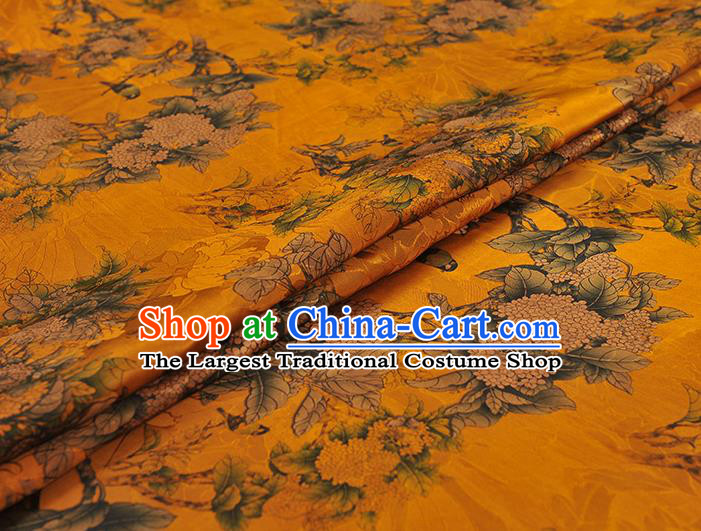 Top Chinese Classical Hydrangea Pattern Yellow Gambiered Guangdong Gauze Traditional Jacquard Satin Cloth Cheongsam Silk Fabric