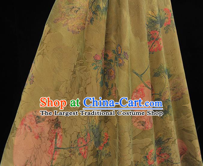 Top Chinese Cheongsam Classical Daisy Pattern Silk Fabric Olive Green Gambiered Guangdong Gauze Traditional Jacquard Brocade Cloth