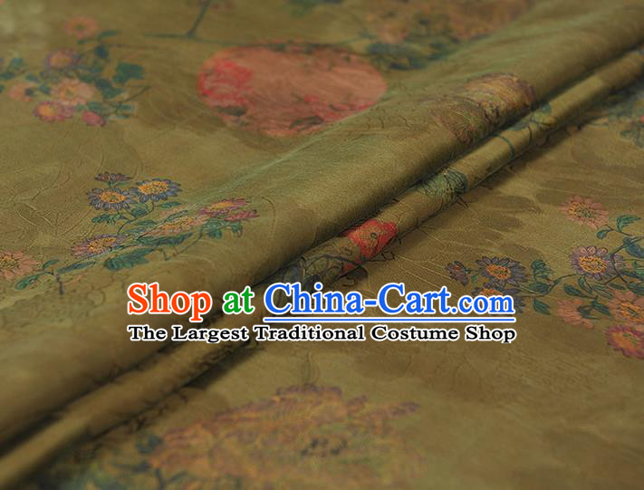 Top Chinese Cheongsam Classical Daisy Pattern Silk Fabric Olive Green Gambiered Guangdong Gauze Traditional Jacquard Brocade Cloth