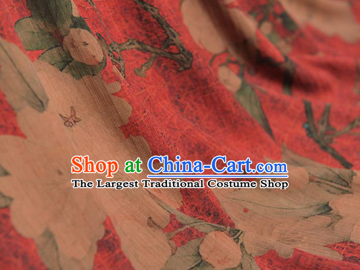 Chinese Cheongsam Silk Fabric Top Red Gambiered Guangdong Gauze Traditional Hibiscus Pattern Dress Cloth