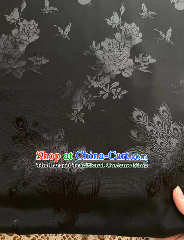 Top Chinese Classical Jacquard Satin Cloth Traditional Peacock Pattern Black Brocade Drapery Cheongsam Silk Fabric