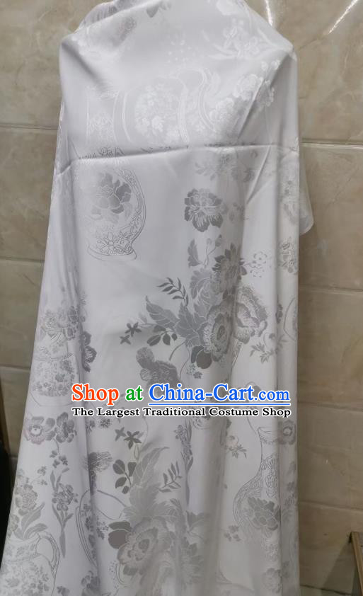 Top Chinese Cheongsam White Silk Fabric Classical Jacquard Satin Cloth Traditional Flowers Vase Pattern Brocade Drapery