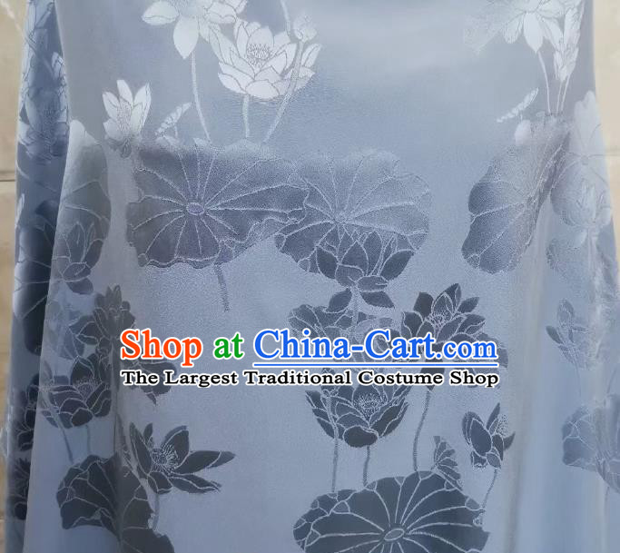 Chinese Traditional Jacquard Brocade Drapery Cheongsam Blue Silk Fabric Classical Lotus Pattern Satin Cloth