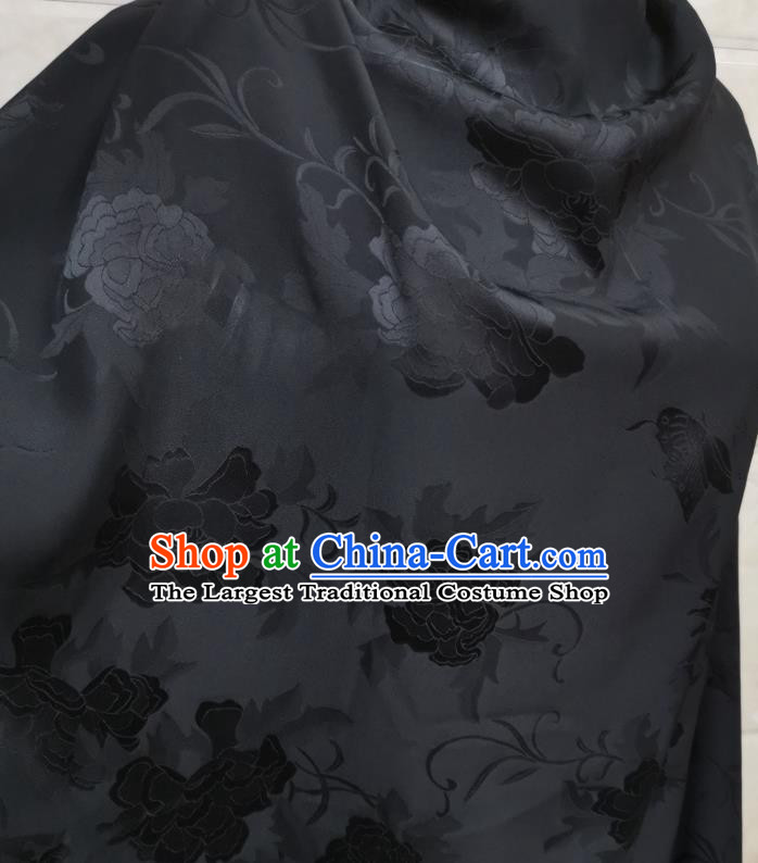 Chinese Traditional Qipao Dress Drapery Silk Fabric Classical Peony Pattern Black Brocade Cloth Jacquard Tapestry Material
