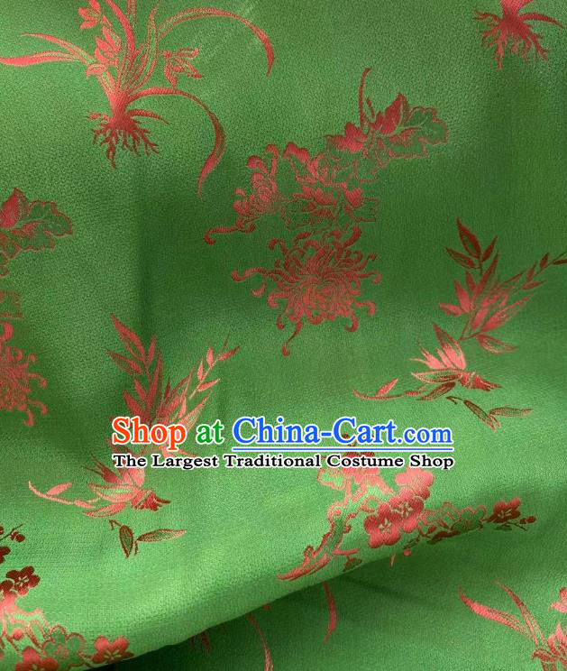 Chinese Green Tapestry Material Traditional Qipao Dress Drapery Silk Fabric Classical Plum Orchids Bamboo Chrysanthemum Pattern Brocade Cloth