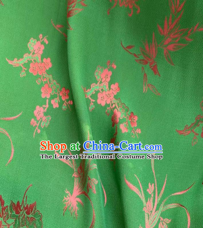 Chinese Green Tapestry Material Traditional Qipao Dress Drapery Silk Fabric Classical Plum Orchids Bamboo Chrysanthemum Pattern Brocade Cloth