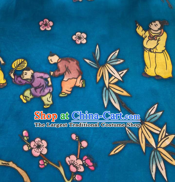 Chinese Blue Gambiered Guangdong Gauze Material Traditional Qipao Dress Hand Painting Drapery Silk Fabric Classical Boys Pattern Brocade Cloth