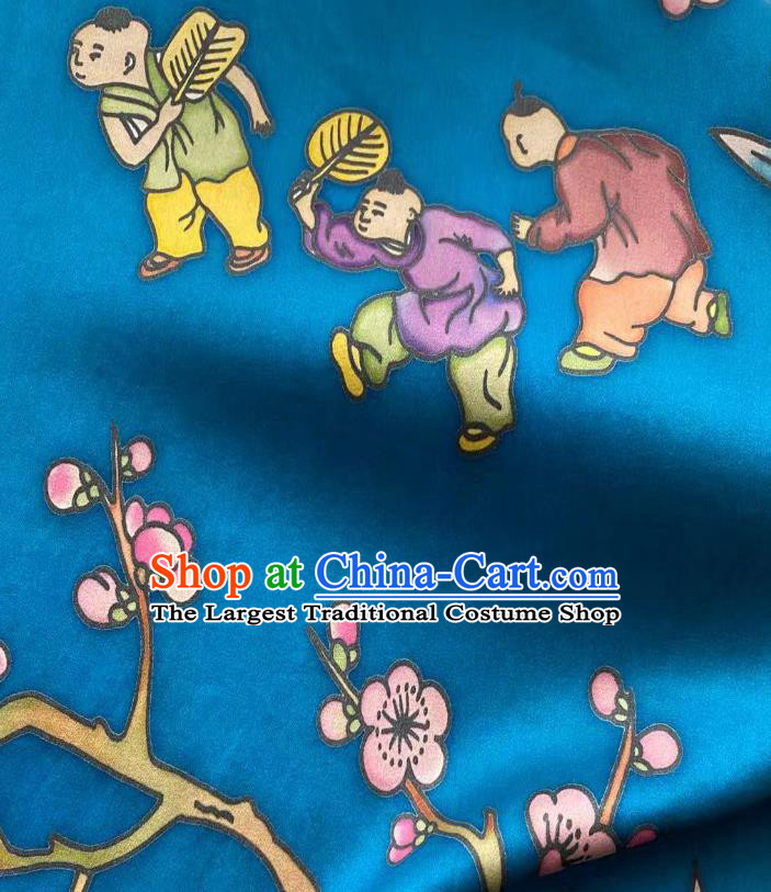 Chinese Blue Gambiered Guangdong Gauze Material Traditional Qipao Dress Hand Painting Drapery Silk Fabric Classical Boys Pattern Brocade Cloth