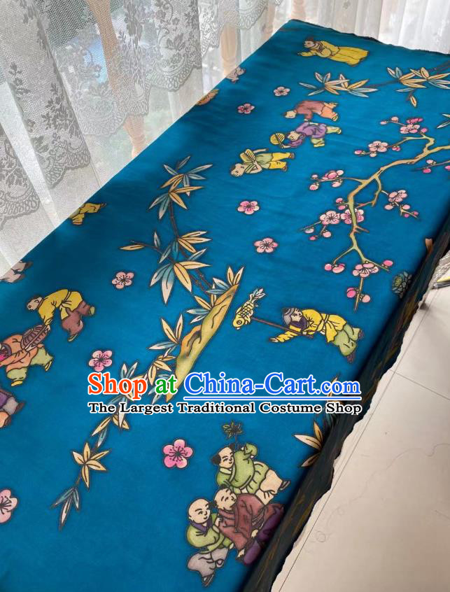 Chinese Blue Gambiered Guangdong Gauze Material Traditional Qipao Dress Hand Painting Drapery Silk Fabric Classical Boys Pattern Brocade Cloth