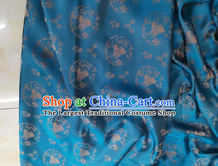 Chinese Blue Silk Fabric Classical Peach Pattern Brocade Cloth Tapestry Material Traditional Qipao Dress Damask Drapery