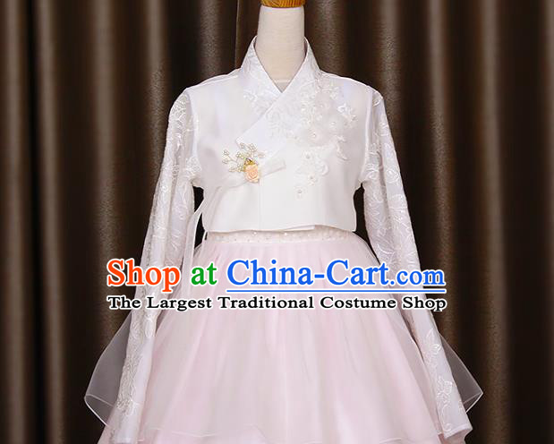 Asian Korea Traditional Fashion Garments Korean Court Princess Hanbok Clothing Bride White Blouse and Printing Dress