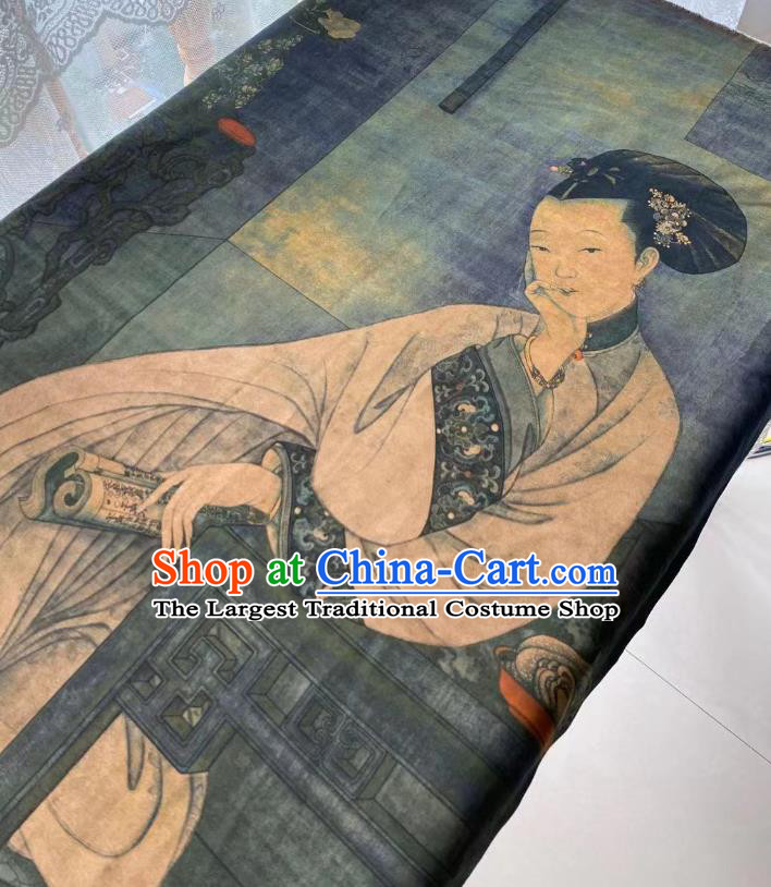 Chinese Silk Fabric Classical Palace Beauty Pattern Brocade Cloth Grey Gambiered Guangdong Gauze Material Traditional Qipao Dress Drapery