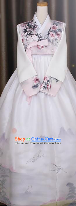 Asian Korean Court Princess Hanbok Clothing Korea Bride Printing Pink Blouse and White Dress Traditional Fashion Garments
