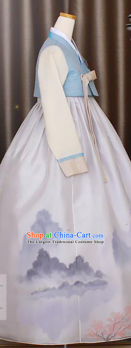Asian Korean Traditional Fashion Garments Court Princess Hanbok Clothing Korea Bride Blue Blouse and Printing Dress