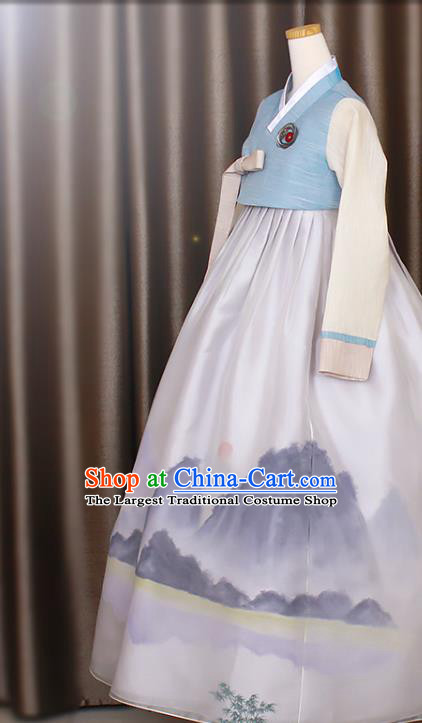 Asian Korean Traditional Fashion Garments Court Princess Hanbok Clothing Korea Bride Blue Blouse and Printing Dress