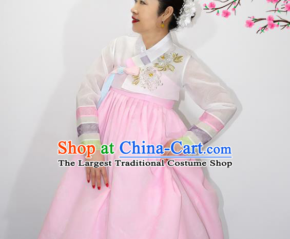 Asian Korea Court Dance Hanbok Clothing Korean Bride Mother White Blouse and Pink Dress Traditional Fashion Garments
