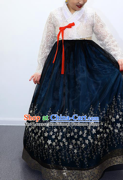 Asian Korea Traditional Fashion Garments Court Dance Hanbok Clothing Korean Bride Mother White Blouse and Navy Dress